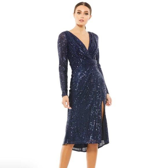 Mac Duggal Long Sleeve Sequined Midi Dress (4) - Picture 1 of 3